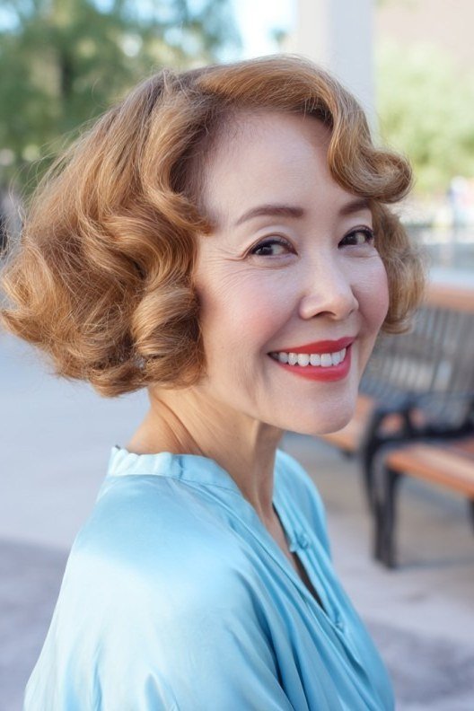 Vintage Copper Curly Bob with Bangs for Women Over 40