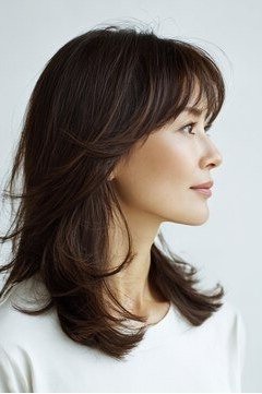 Dark Brown Shoulder-Length Layered Cut with Side-Swept Bangs for Women Over 40