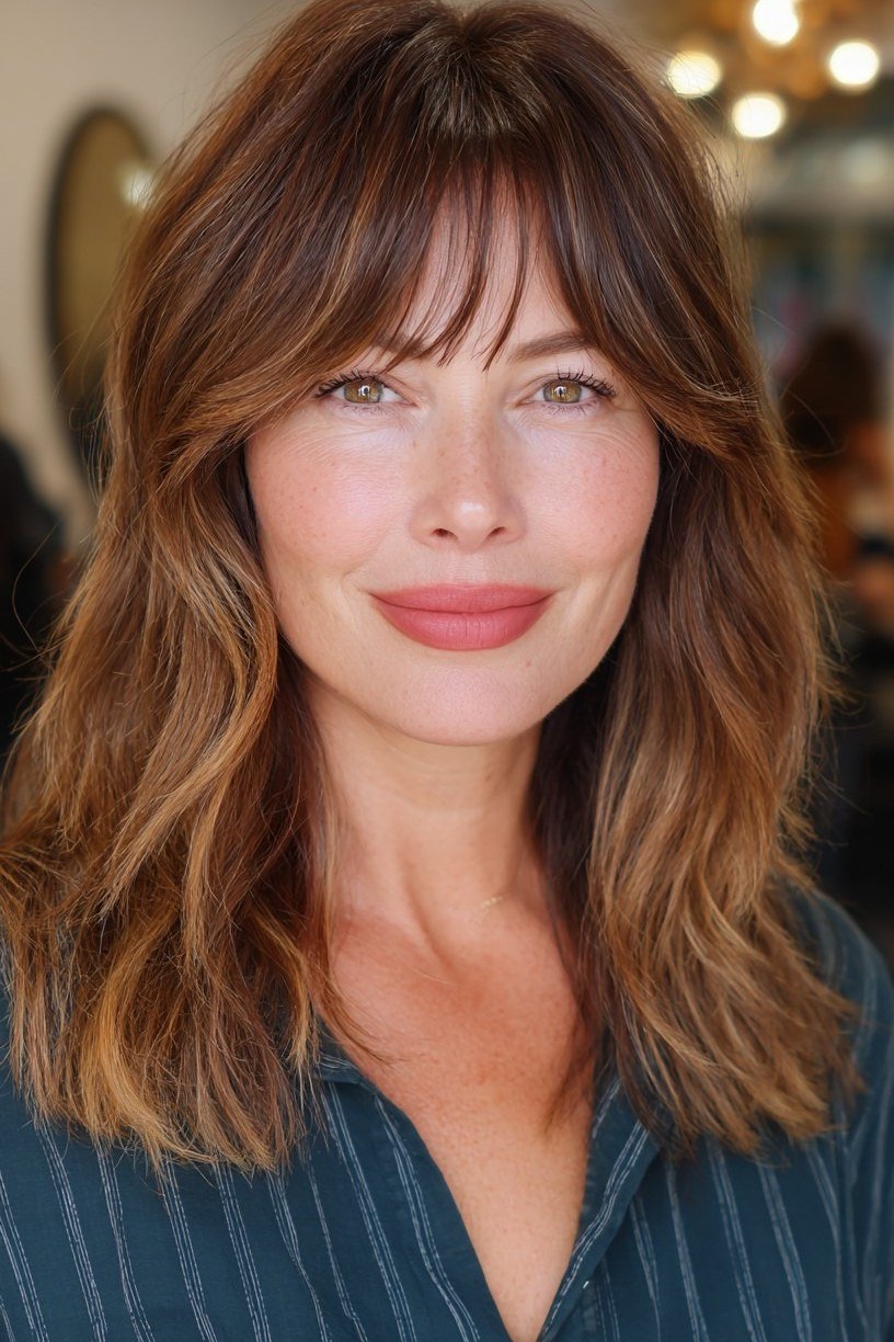 Auburn Wavy Lob with Curtain Bangs for Women Over 40