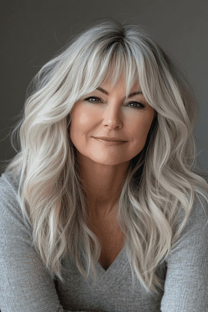 Silver Wavy Long Layers with Curtain Bangs for Women Over 40