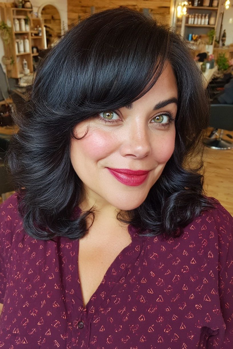 Dark Blue-Black Wavy Lob with Side-Swept Bangs for Women Over 40