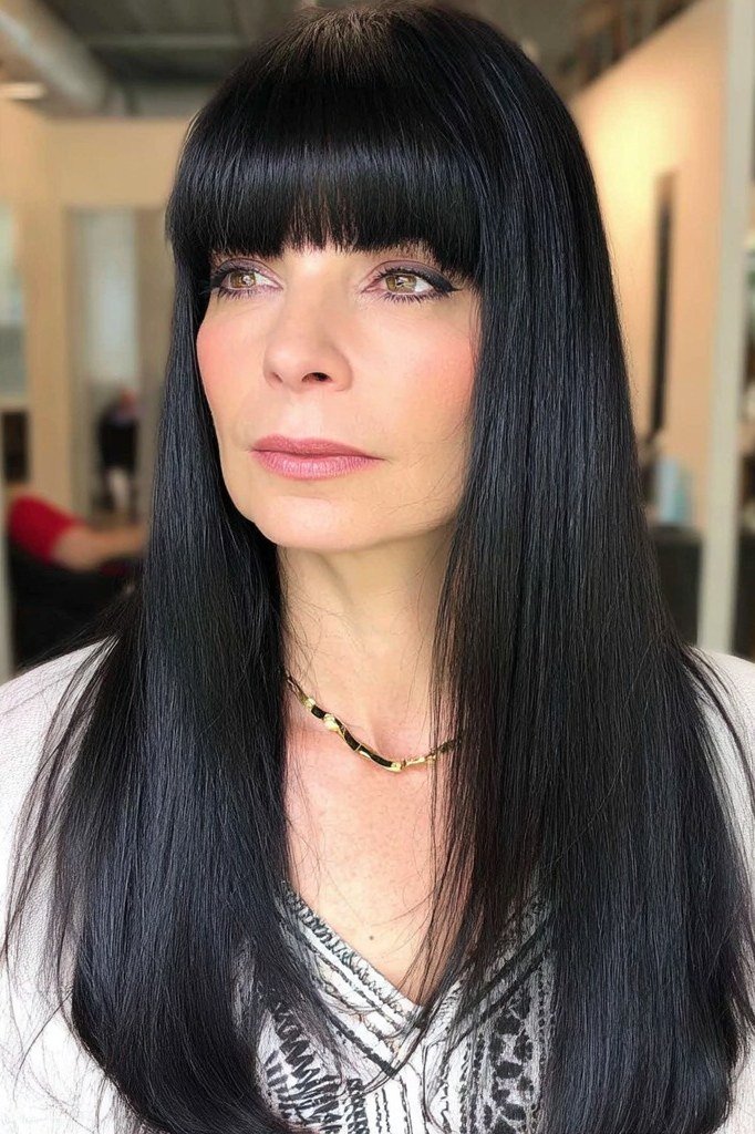 Jet Black Long Straight Hair with Blunt Bangs for Women Over 40