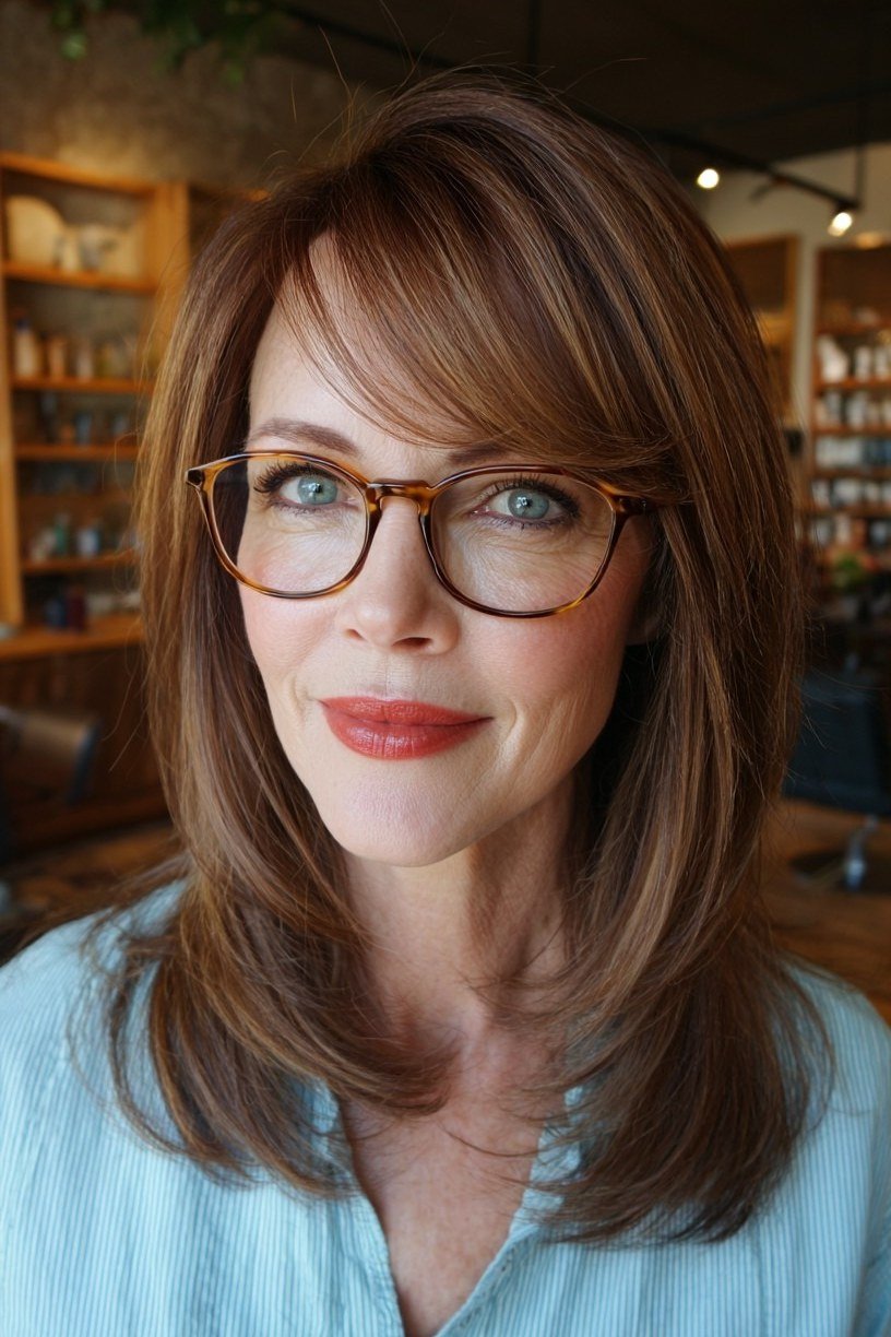 Chestnut Layered Cut with Bangs for Women Over 40