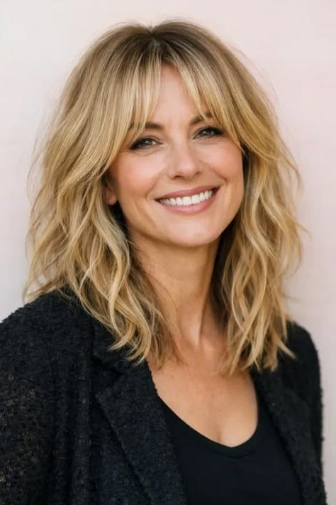 Honey Blonde Wavy Lob with Curtain Bangs for Women Over 40