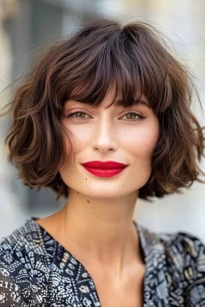 Dark Brown Curly Bob with Bangs for Women Over 40