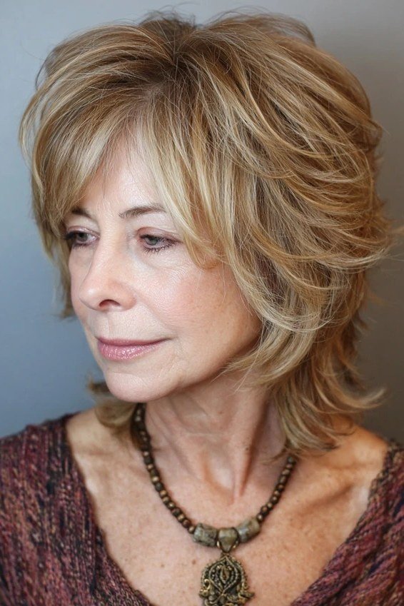 Blonde Feathered Layered Cut with Bangs for Women Over 40