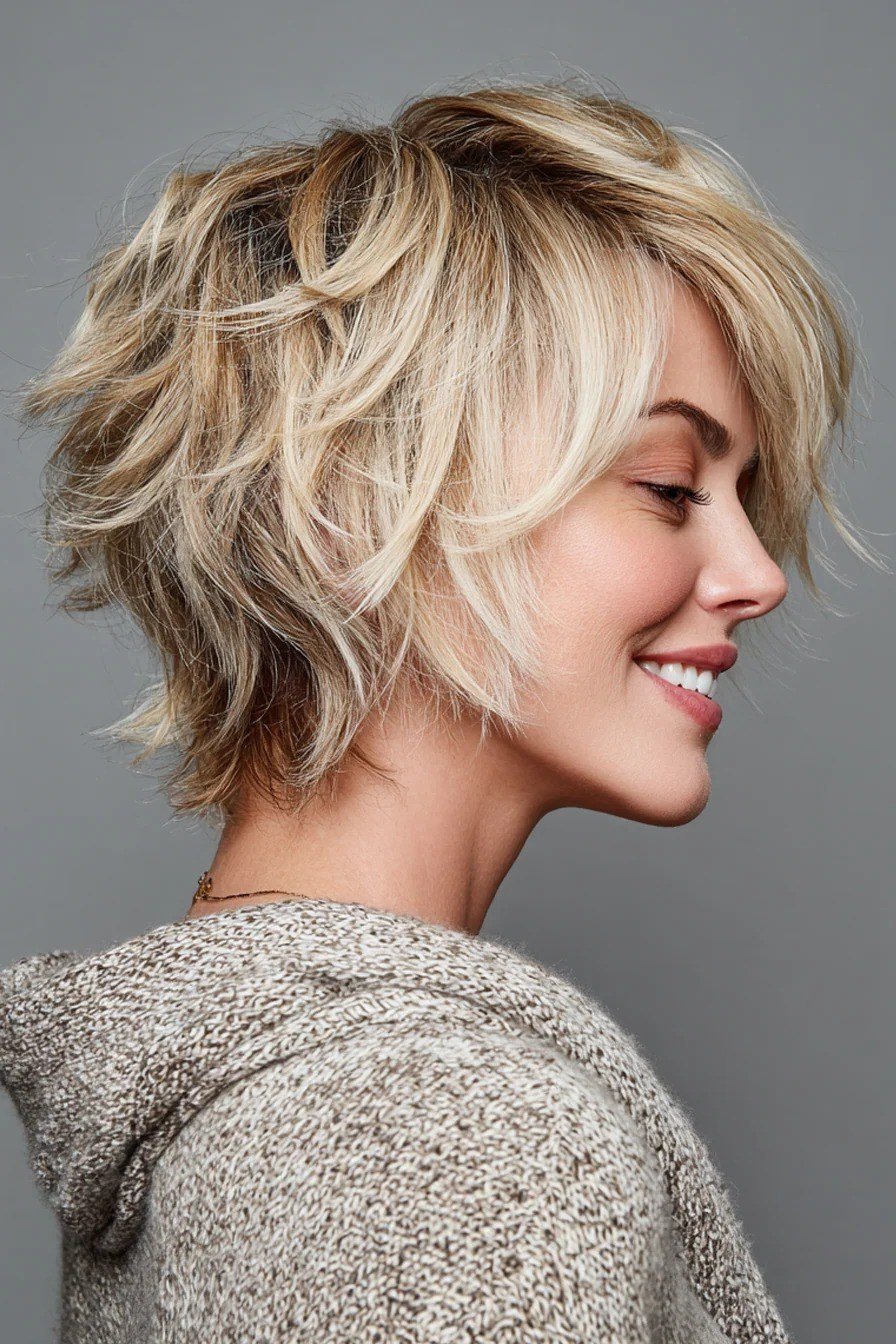 Blonde Shaggy Pixie-Bob with Bangs for Women Over 40