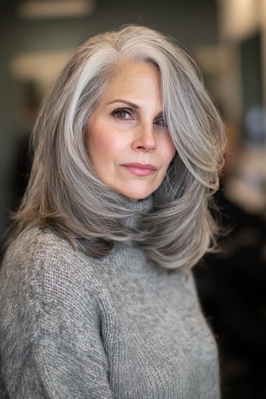 Silver Layered Lob with Face-Framing Pieces and Bangs for Women Over 40