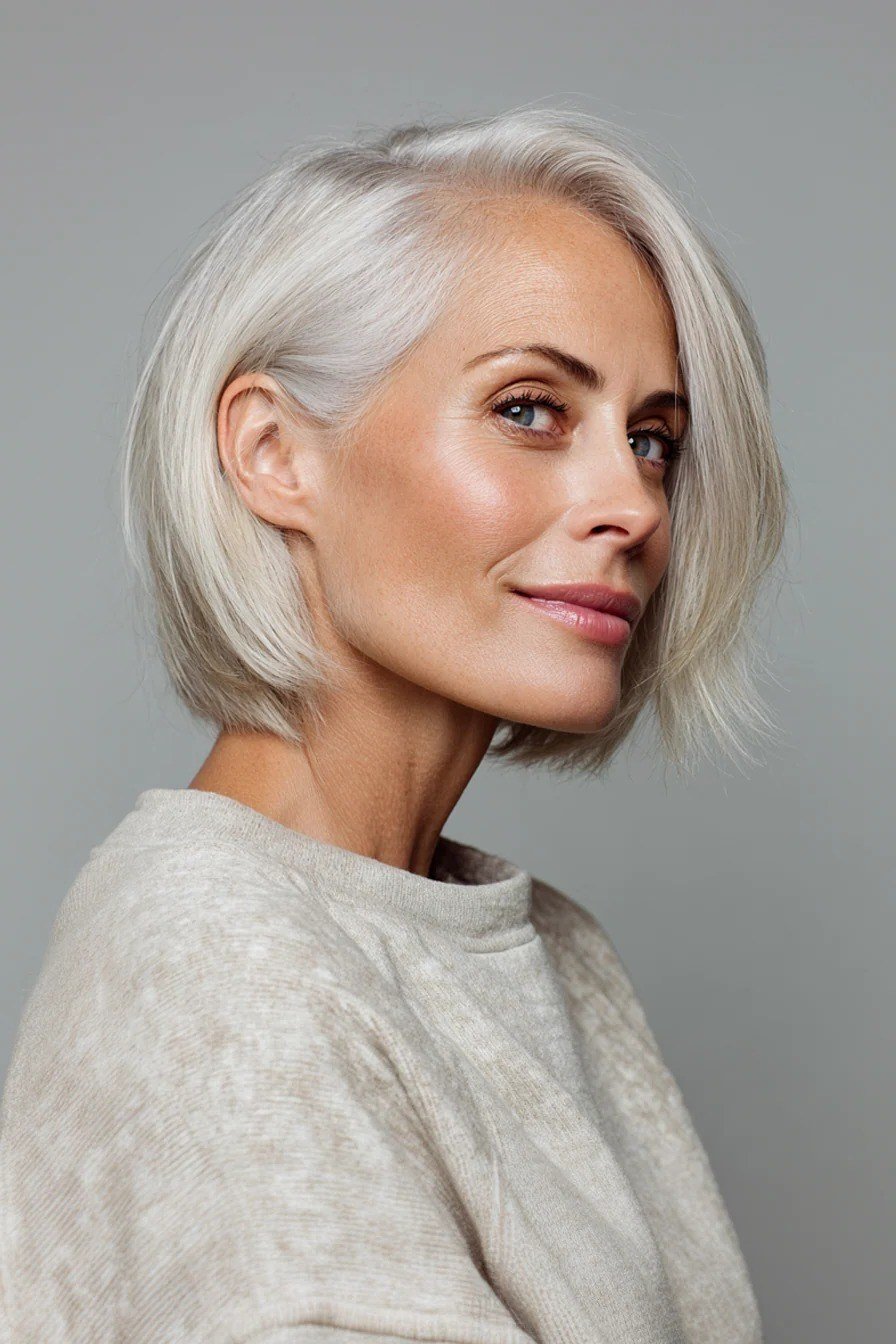 White Bob with Side-Swept Bangs for Women Over 40
