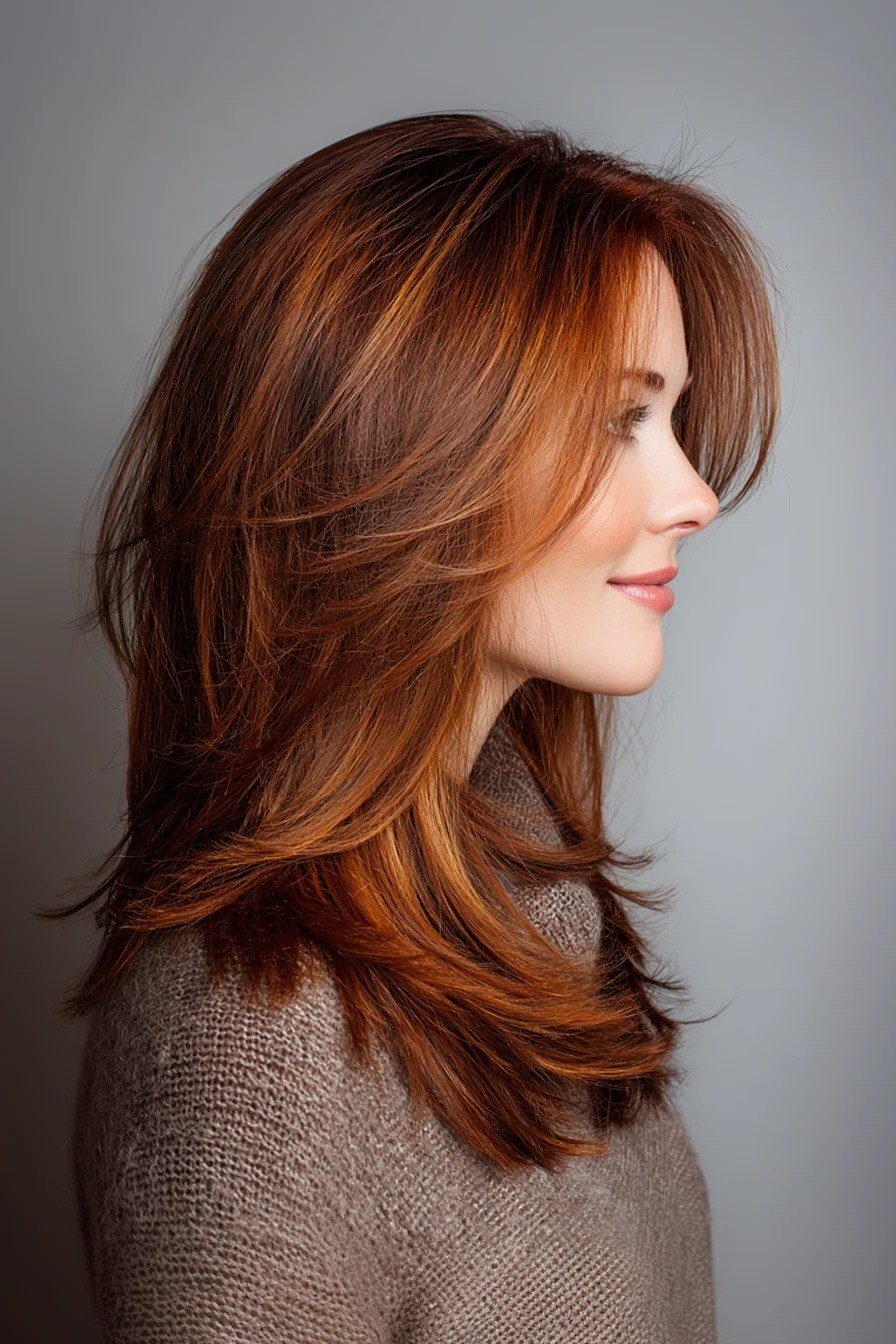 Copper Layered Lob with Side-Swept Bangs for Women Over 40