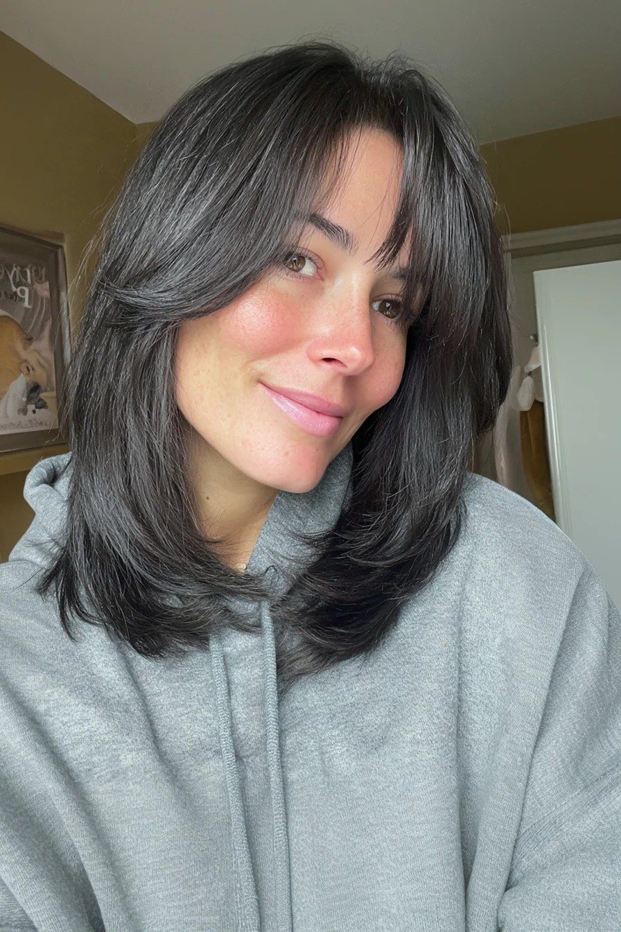 Dark Gray Lob with Bangs for Women Over 40