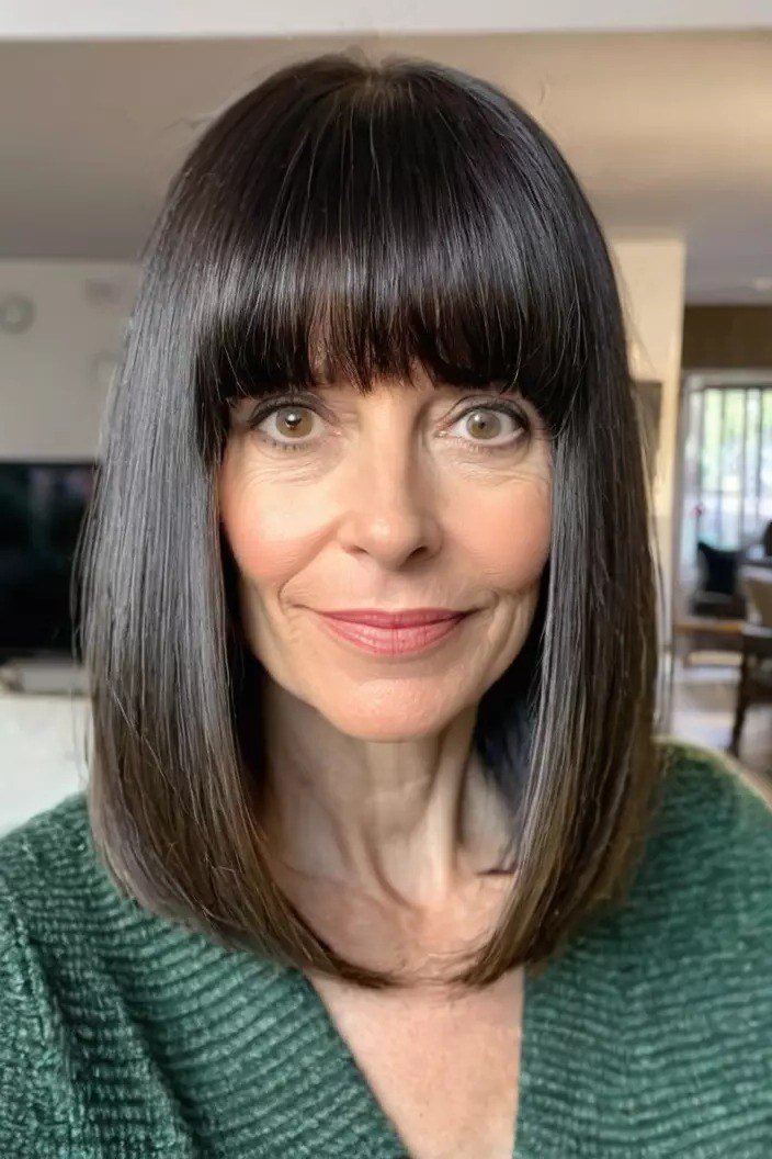 Dark Brown Bob with Full Blunt Bangs for Women Over 40