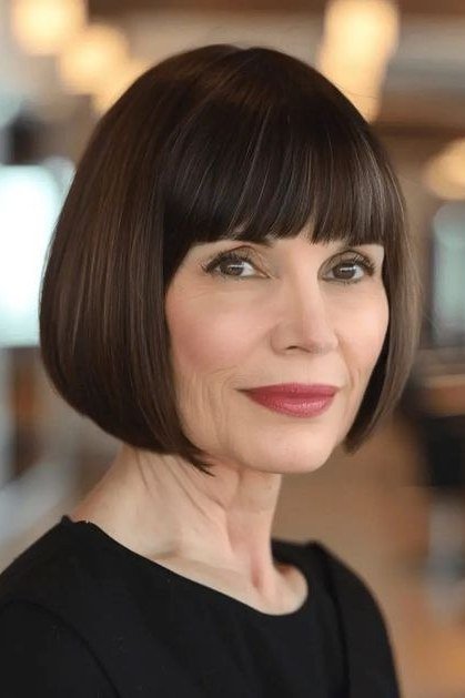 Dark Brown Bob with Full Bangs for Women Over 40