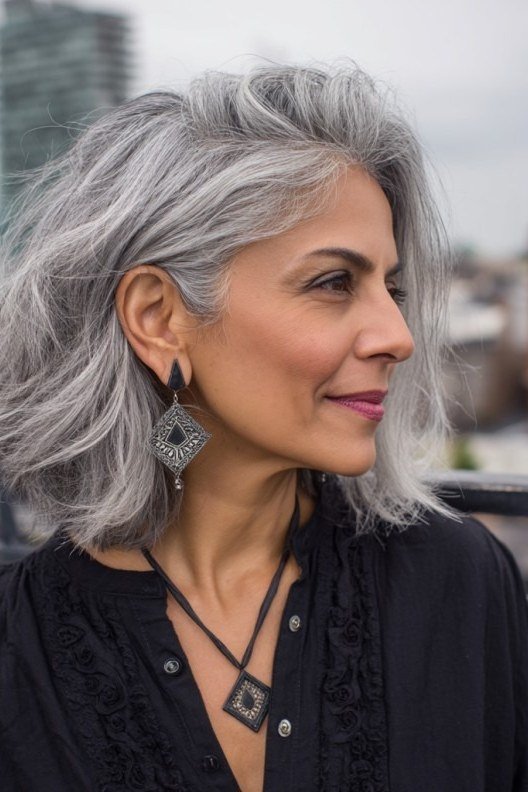 Silver Wavy Lob with Bangs for Women Over 40