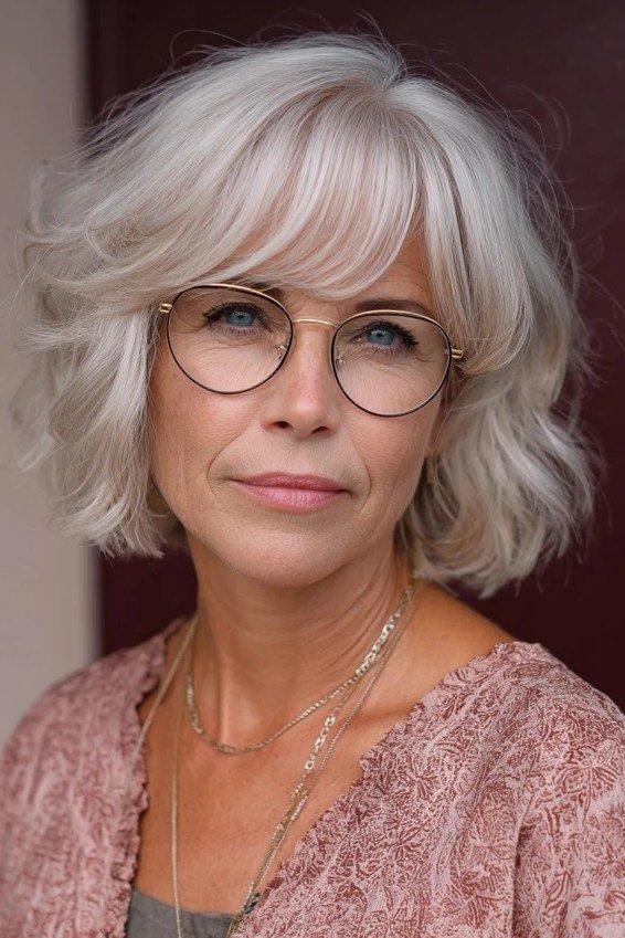 White Wavy Bob with Bangs for Women Over 40