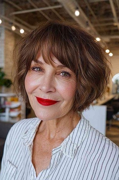 Brunette Curly Bob with Bangs for Women Over 40