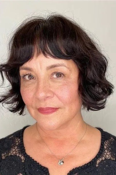 Dark Brown Curly Bob with Bangs for Women Over 40
