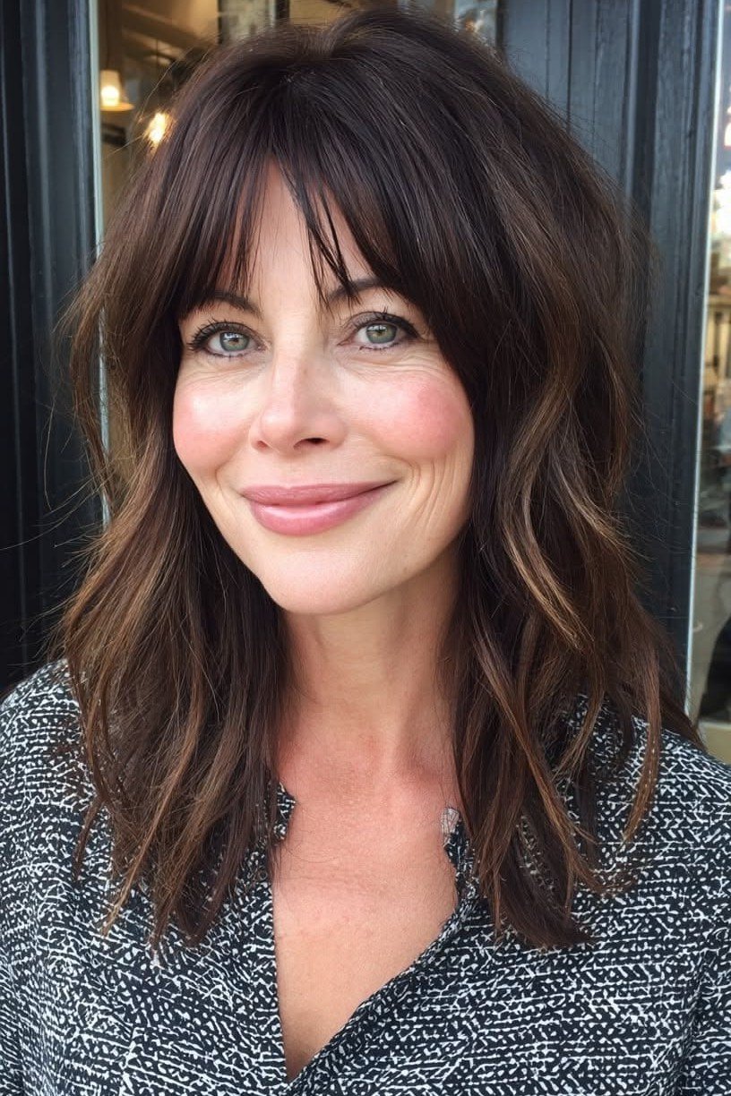 Dark Brown Lob with Curtain Bangs for Women Over 40