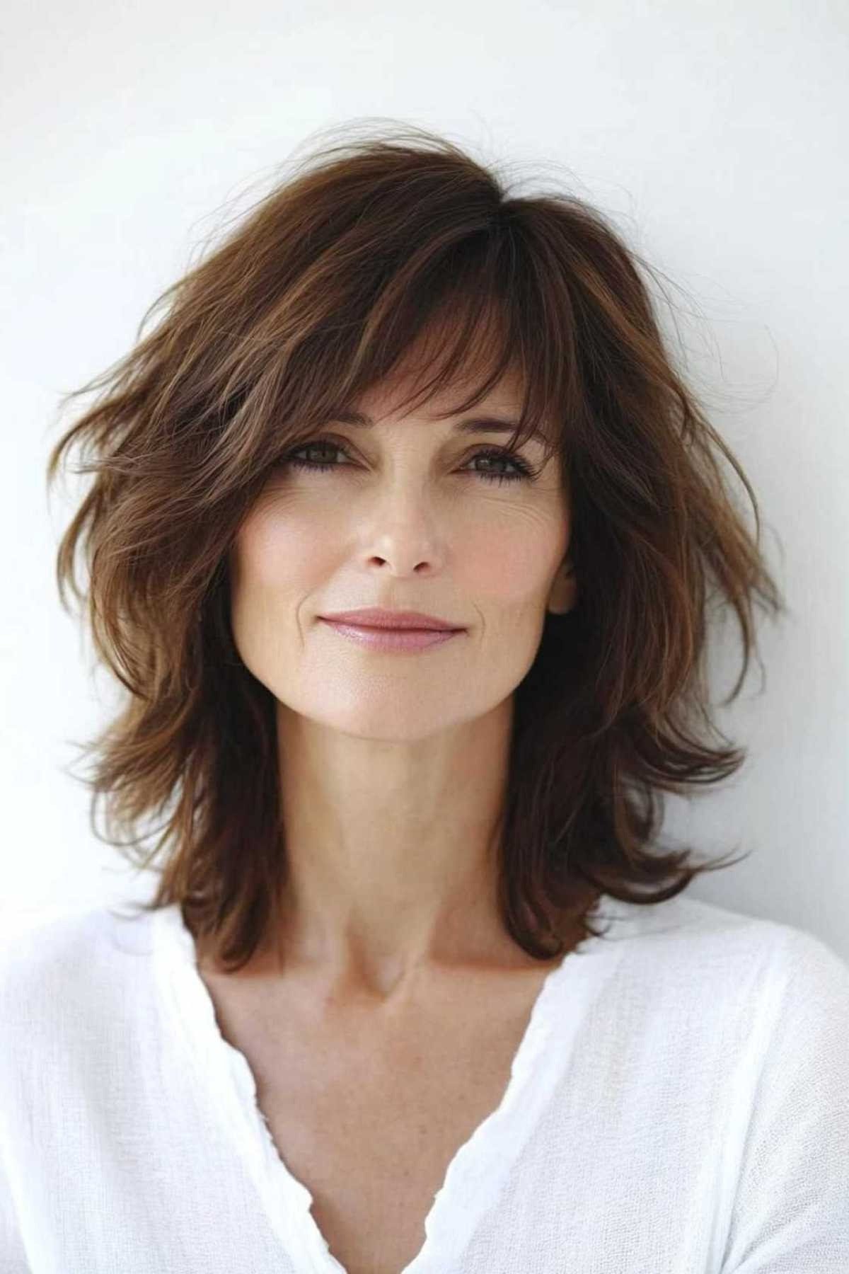 Dark Brown Shaggy Bob with Bangs for Women Over 40