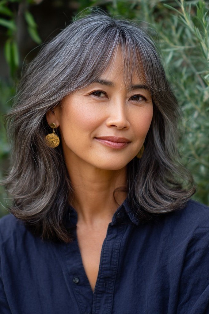 Gray Layered Lob with Bangs for Women Over 40