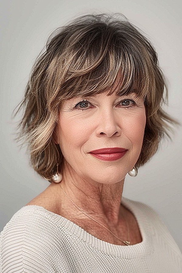 Ash Blonde Shaggy Bob with Bangs for Women Over 40