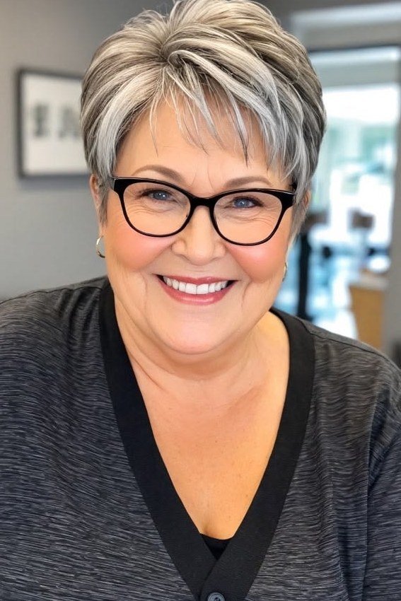 Silver Pixie with Bangs and Glasses for Women Over 40