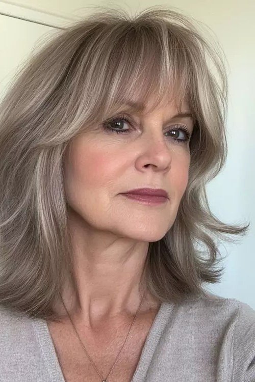 Silver Layered Lob with Bangs for Women Over 40