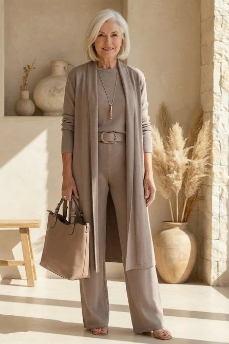 Older woman with white hair wearing a taupe long open cardigan with matching wide-leg trousers and a tan tote