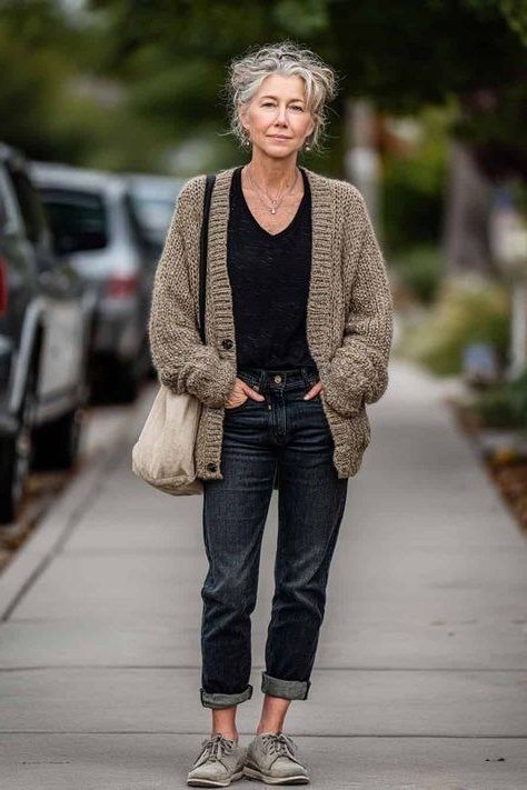 Older woman with gray hair wearing a taupe chunky knit cardigan over a black top and cuffed jeans on a sidewalk