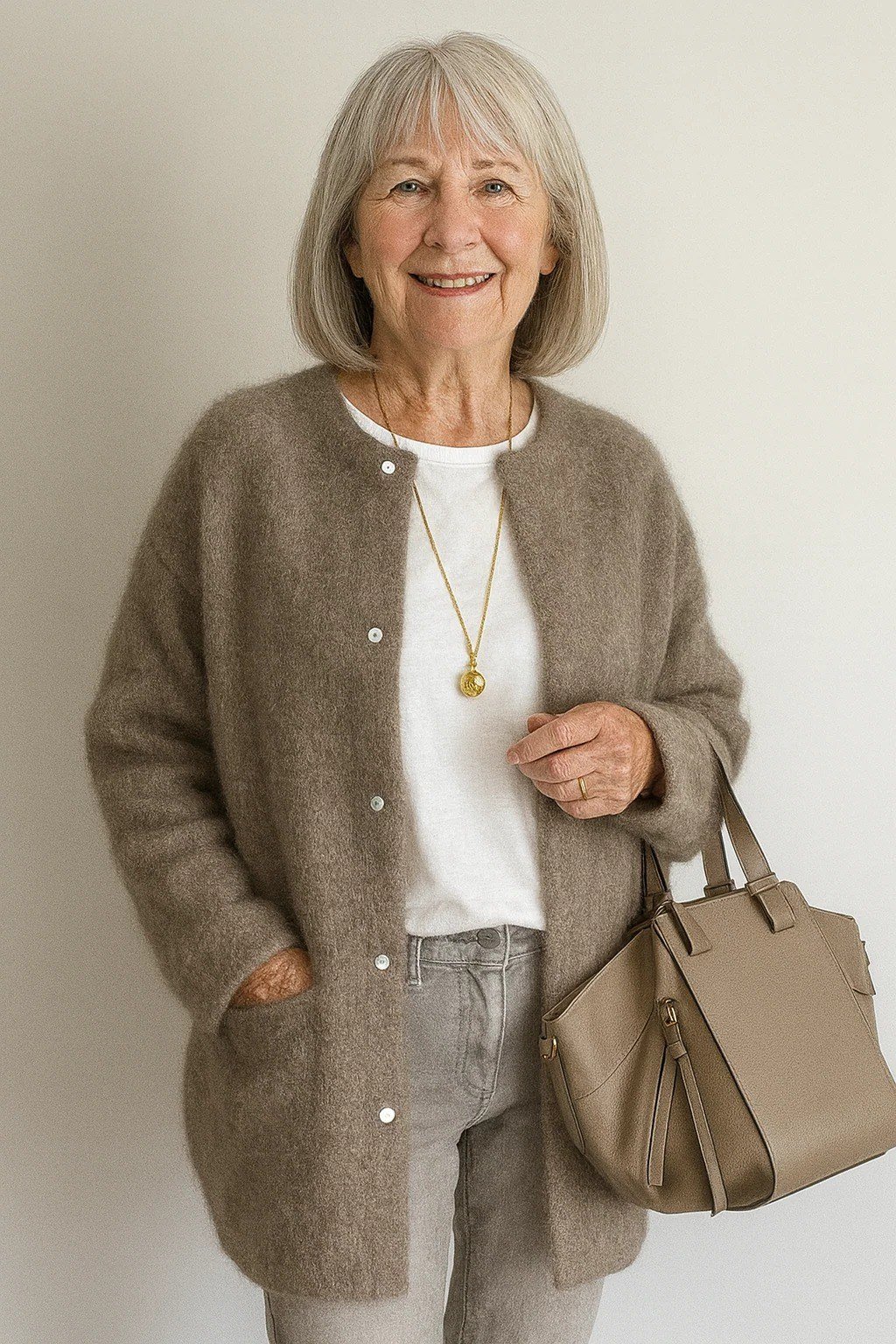 Older woman wearing a taupe fuzzy cardigan over a white top and carrying a tan handbag
