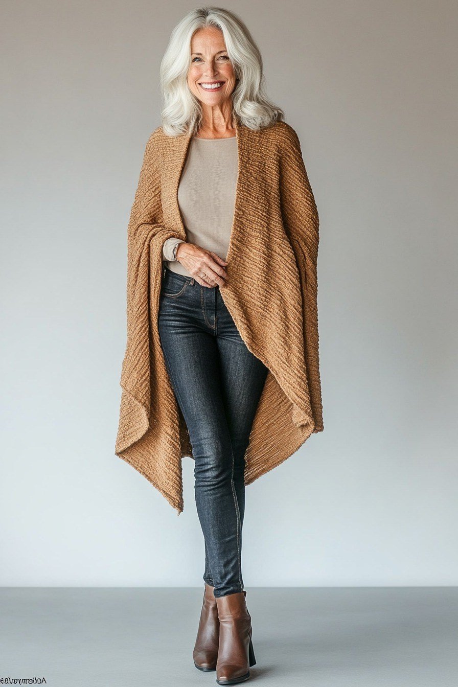 Woman wearing a camel poncho-style cardigan with dark jeans and boots