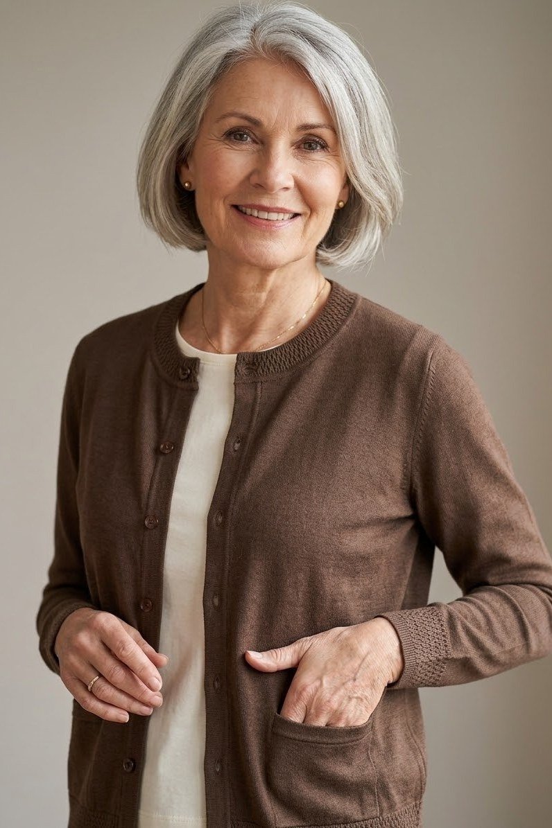 Silver-haired older woman wearing a brown fine-knit cardigan in a studio portrait