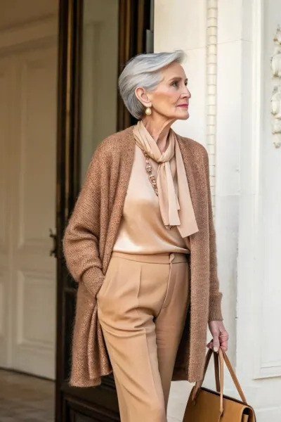 Older gray-haired woman at a doorway wearing a camel cardigan with a scarf and tan pants