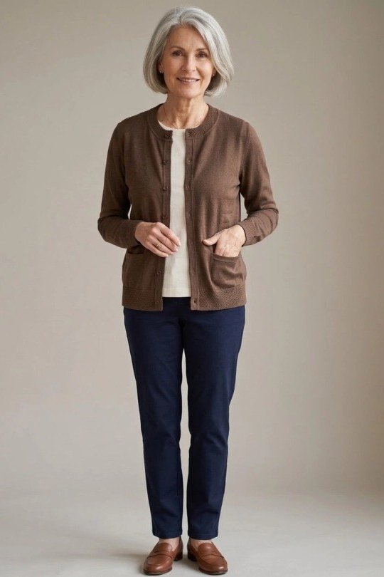 Older woman in a studio wearing a taupe cardigan with navy pants