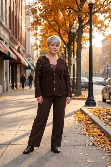 Older woman on an autumn street wearing a dark brown cardigan set