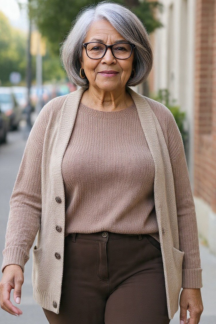 Older woman with glasses on a street wearing a taupe cardigan with brown pants