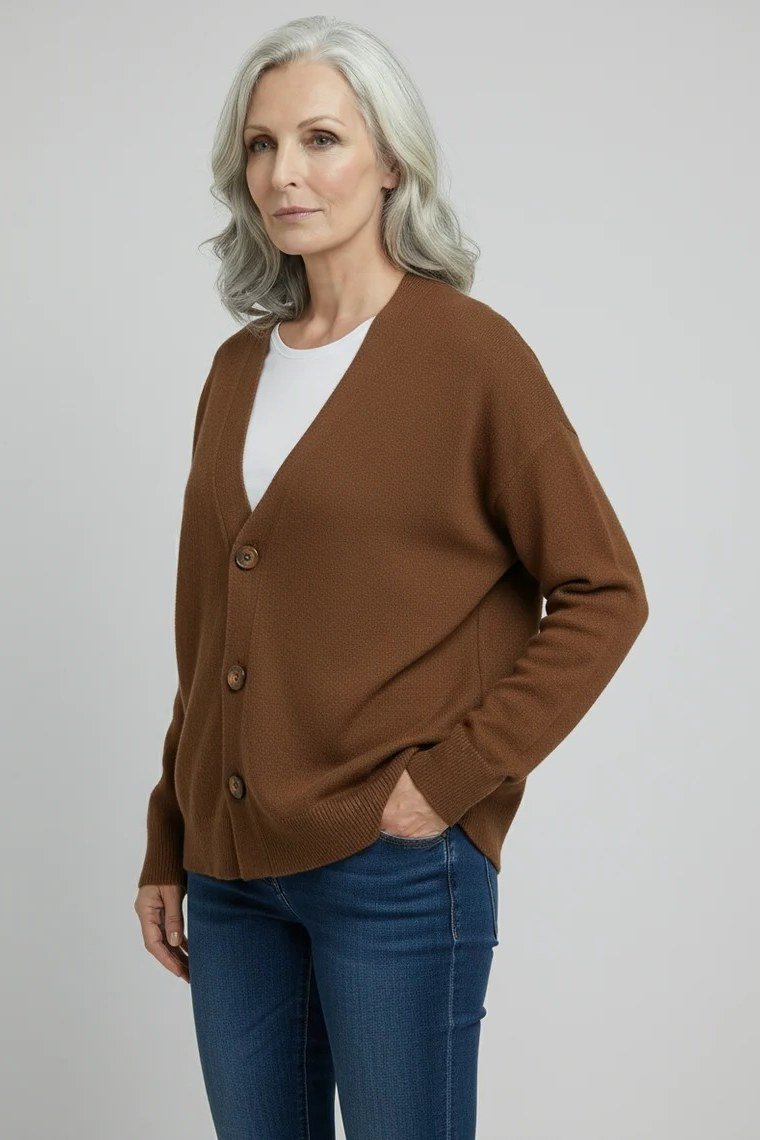 Older woman in a studio wearing a chocolate brown cardigan with jeans