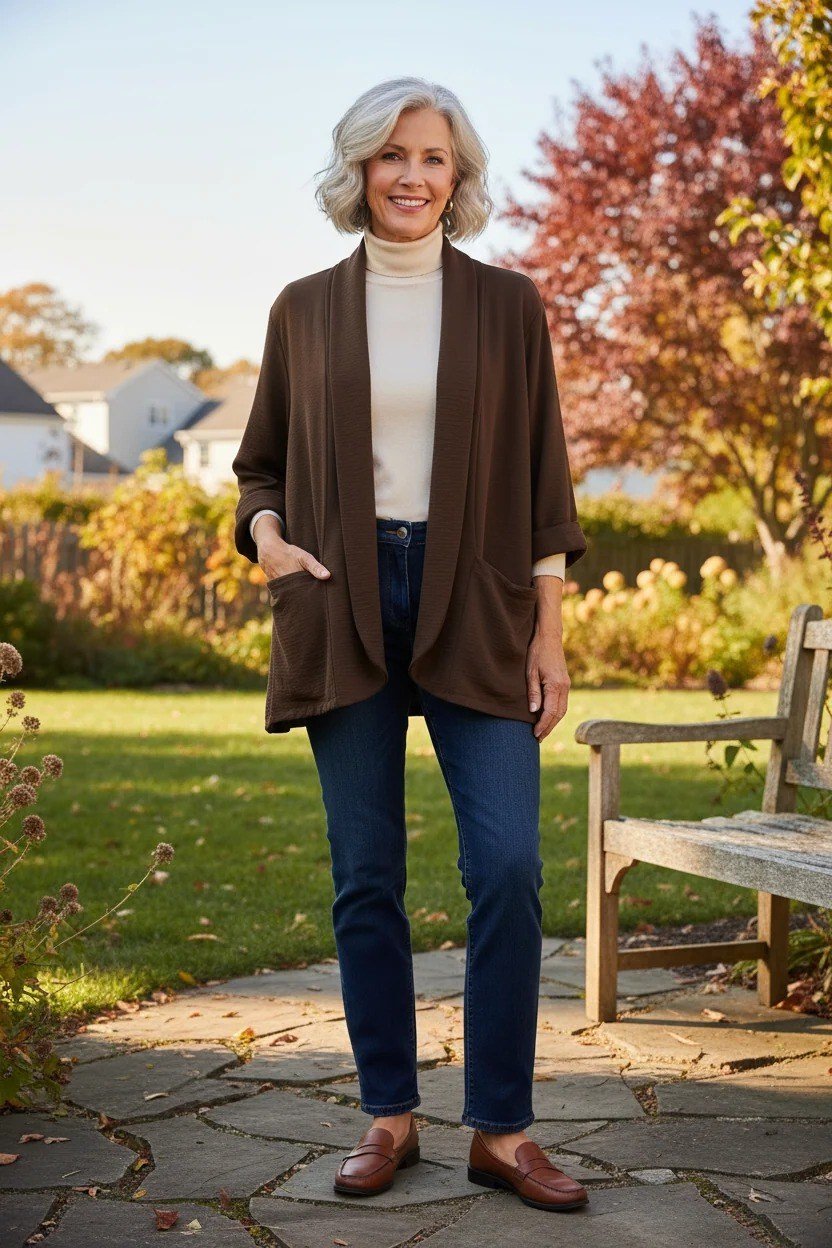 Older woman in a garden wearing a dark brown cardigan with jeans