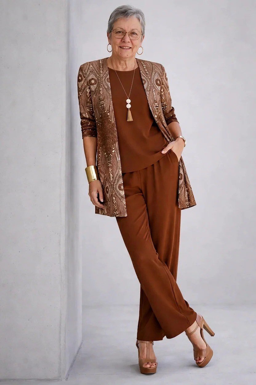 Older woman in a studio wearing a rust-brown patterned cardigan set