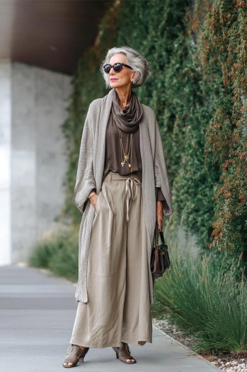 Older woman with sunglasses on a walkway wearing a taupe cardigan with wide-leg pants