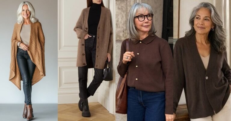 Collage of brown cardigan outfits for women over 60: camel, chocolate, rust, and taupe cardigan looks