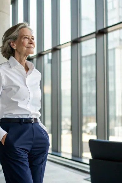 White shirt with navy tailored trousers for women over 60, office look
