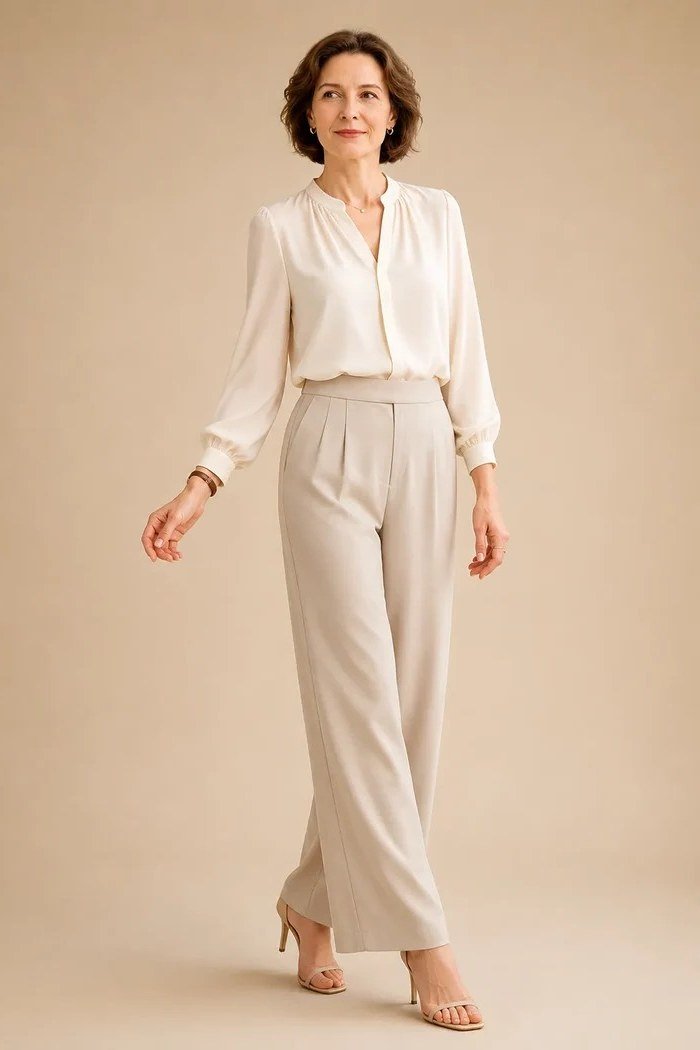Cream silk blouse with cream wide trousers, elegant work outfit