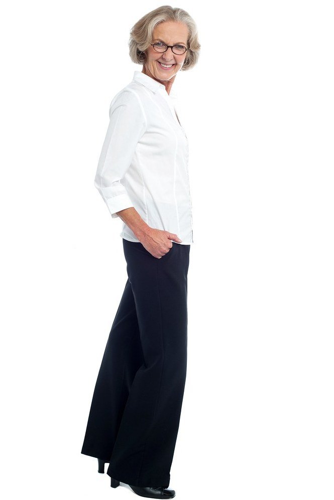White shirt with black flared trousers, side view office outfit