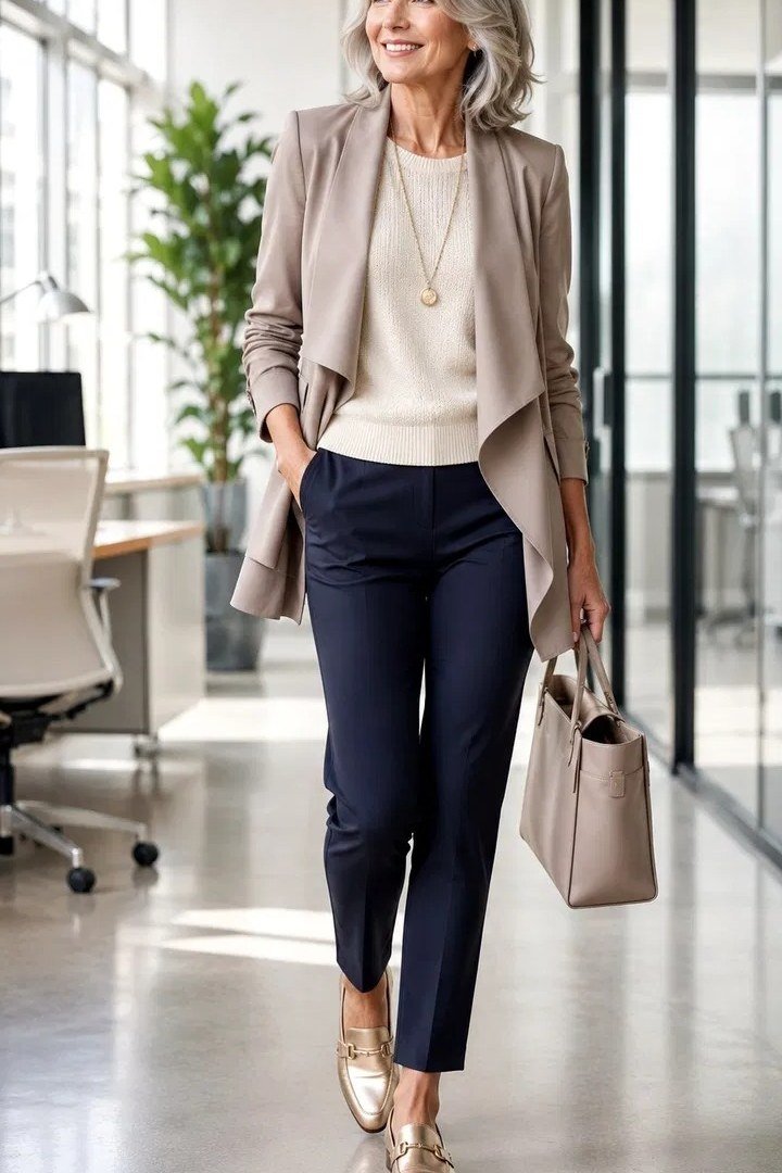 Beige blazer with white top and navy trousers, office walkway