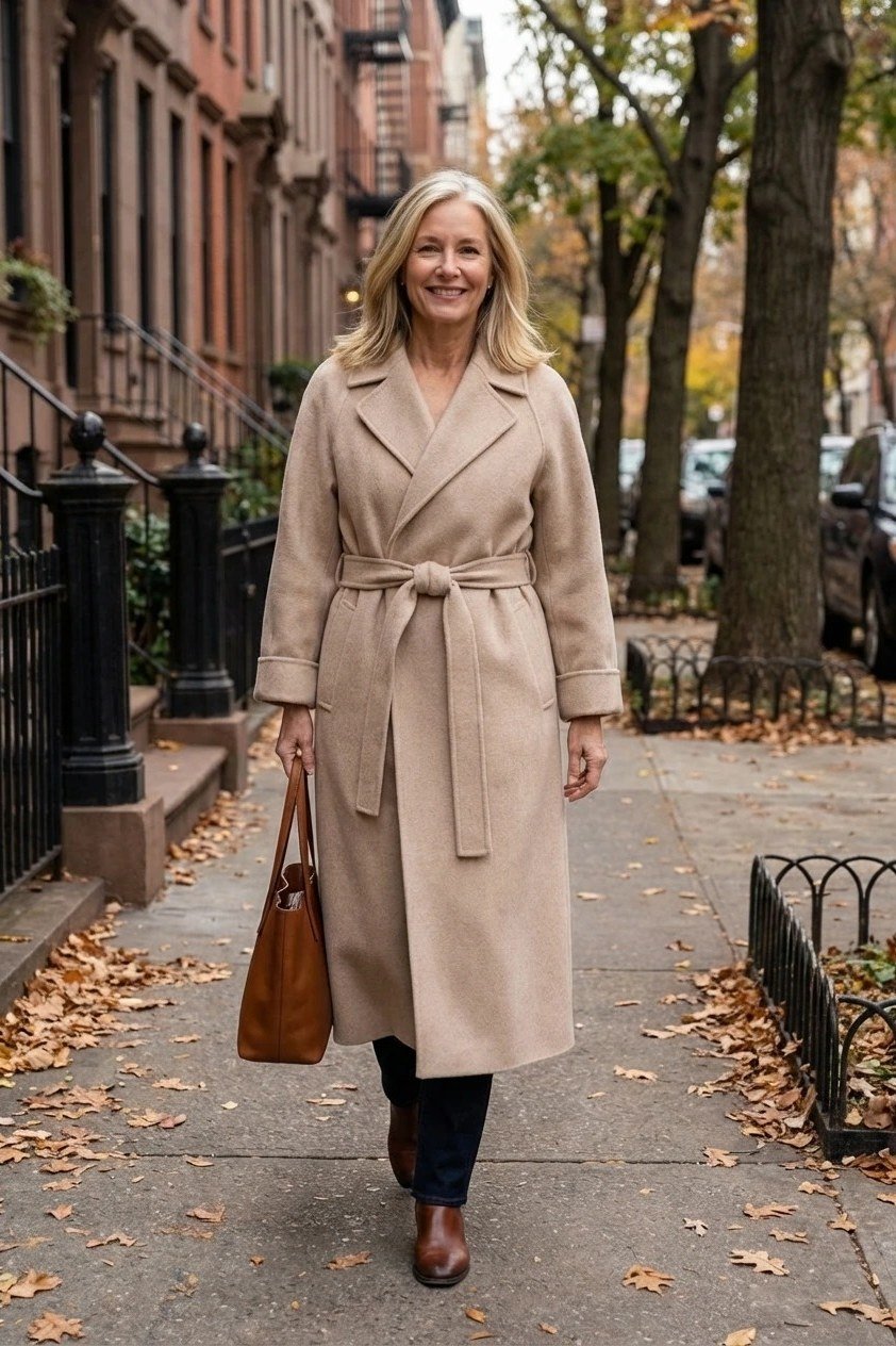 Beige belted coat with dark trousers, city sidewalk work look
