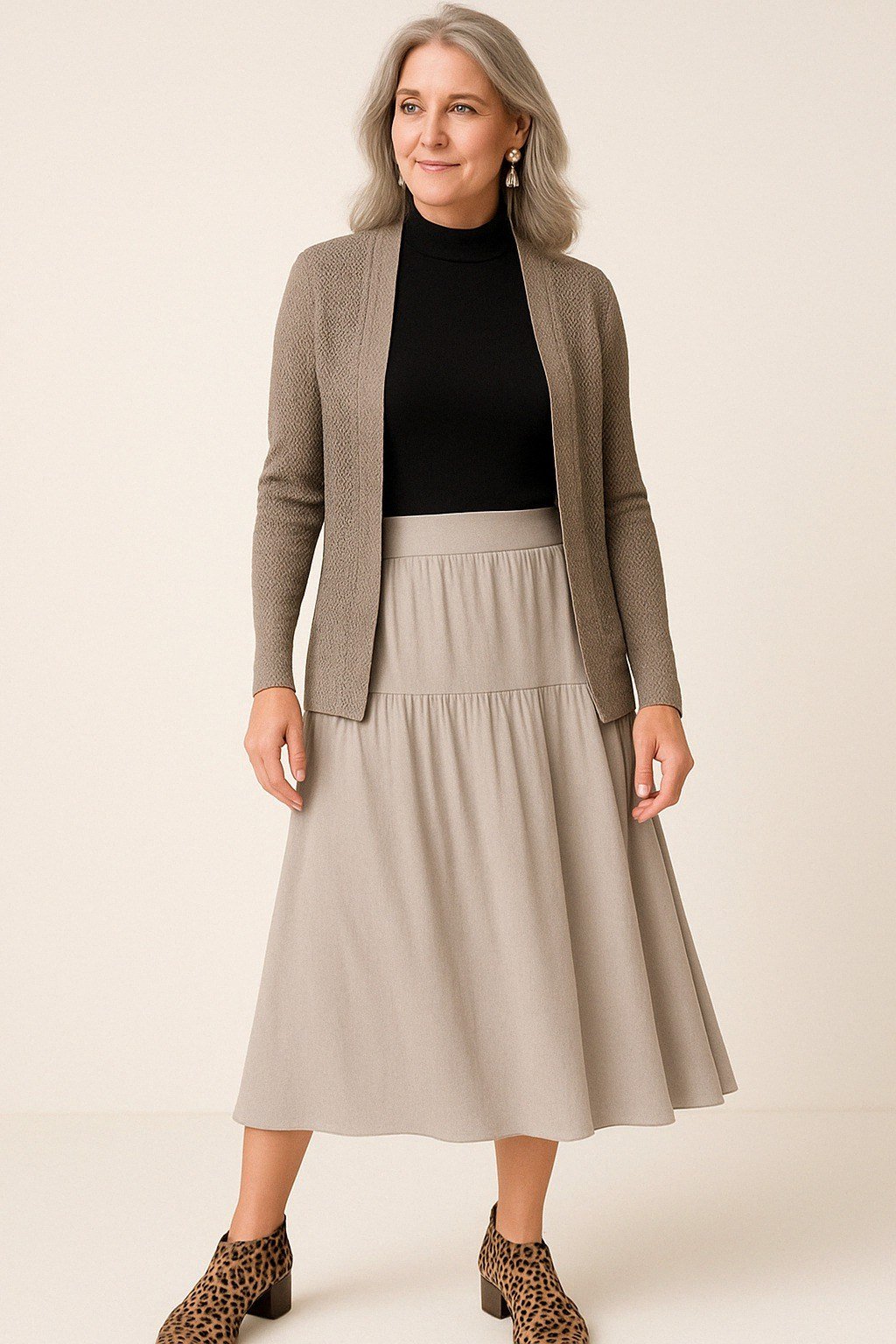 Taupe cardigan with beige tiered midi skirt for older women