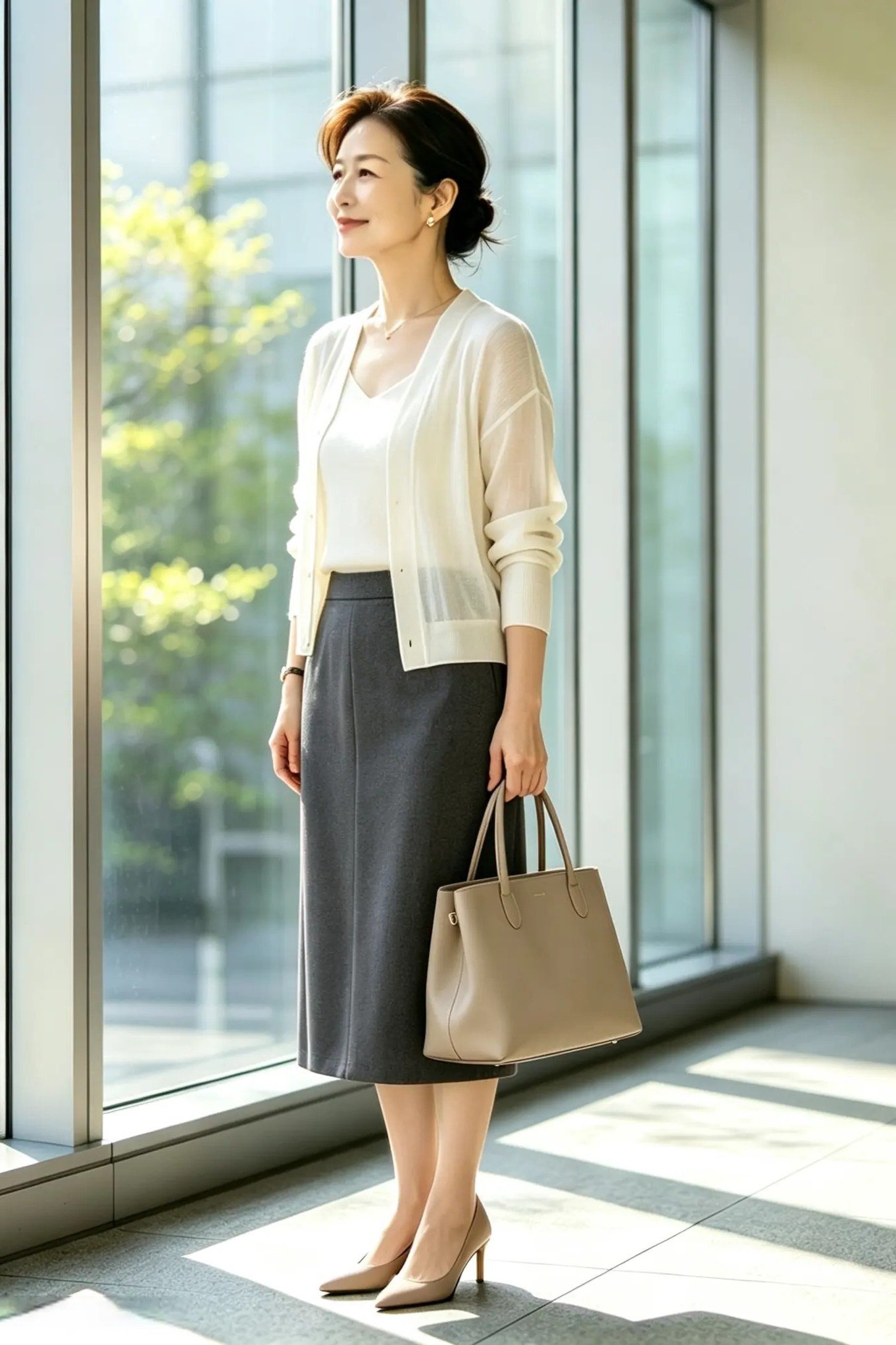 Cream cardigan with gray pencil skirt by office window