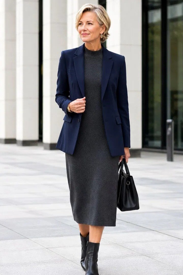 Navy blazer with gray midi skirt, street style for women over 60