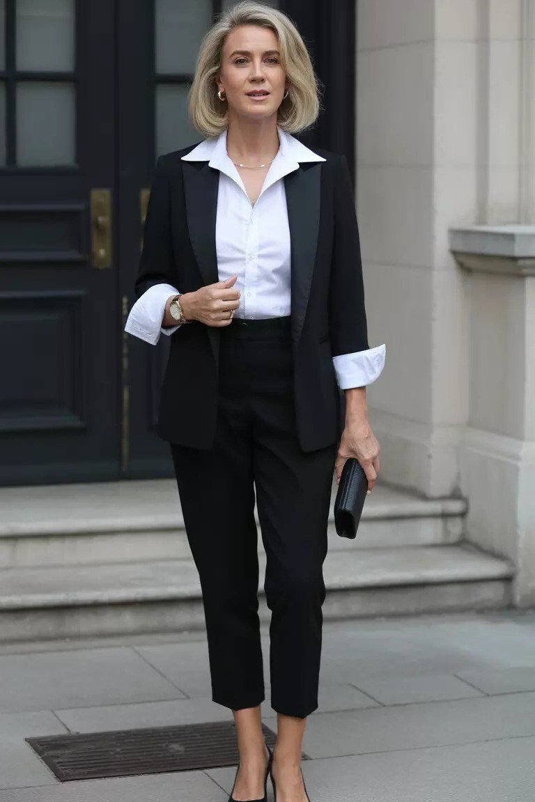 Black suit with white shirt for women over 60, doorway